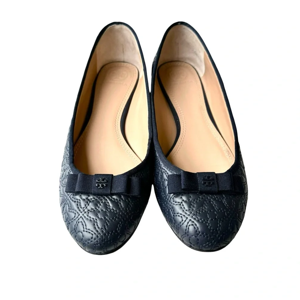 Tory Burch Marion Quilted Navy Blue Flats Leather Bow Detail